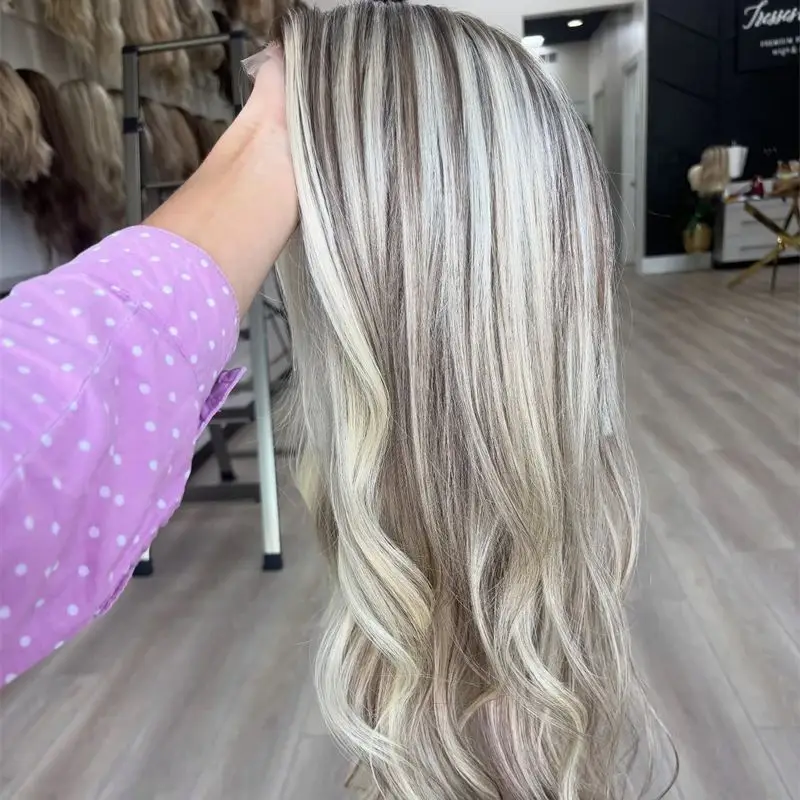 

Ombre Ash Blonde HD Парик фронта шнурка Высококачественный синтетический парик для девочек и женщин Futura Натуральное волокно Бесклеевой предварительно сорванный парик 26 дюймов