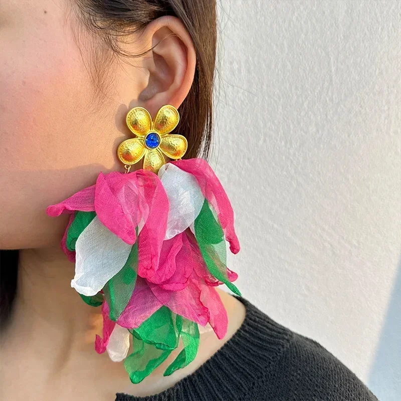 Handmade Silk Fabric Petal Flower Tassel Big Long Earrings For Bohemian Women Statement Jewelry Holiday Beach Dangle Pendientes