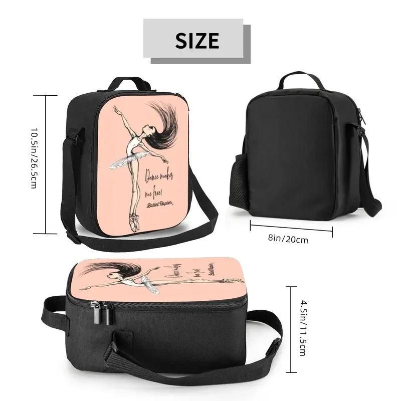 Ballet Dance Makes Me Free Insulated Lunch Tote Bag for Women Ballerina Dancer Portable Thermal Cooler Food Bento Box School