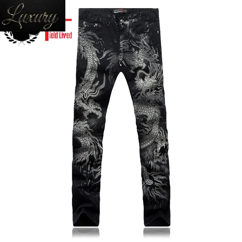 

2023 New Black Jeans Men's Cotton Dragon Pattern Brand Designer Mens Printed pants Slim Fit Denim trousers Joggers Male