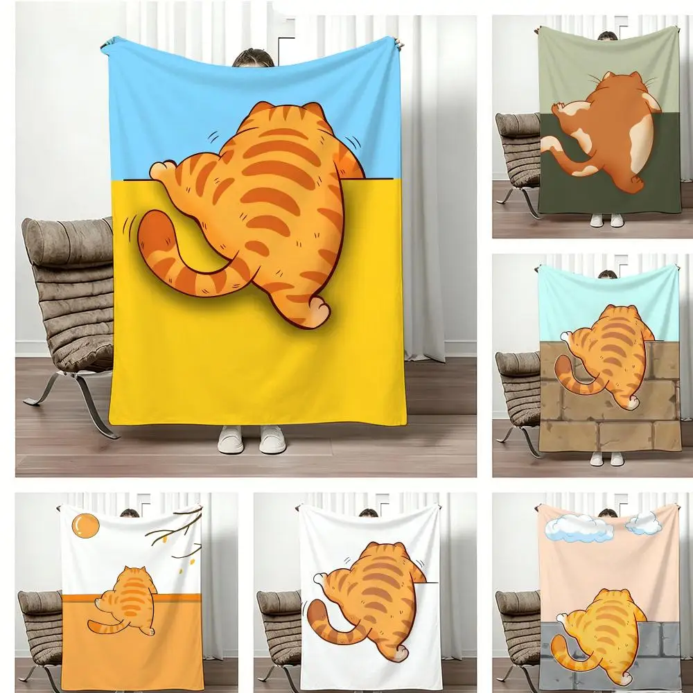 Cute F-Flat Cartoon Fat Cat Back View Throw Lightweight  Flannel Blanket Soft Skin-friendly for Summer Cooling