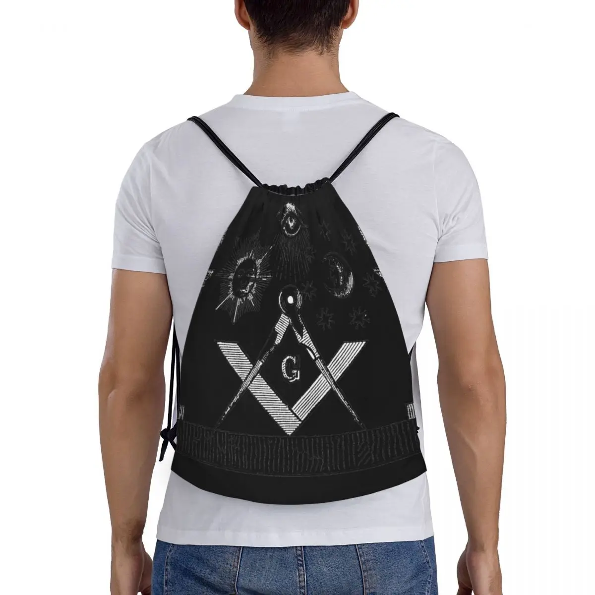 Freemasonry Freemason Gold Square Compass Portable Drawstring Bags Backpack Storage Bags Outdoor Sports Traveling Gym Yoga