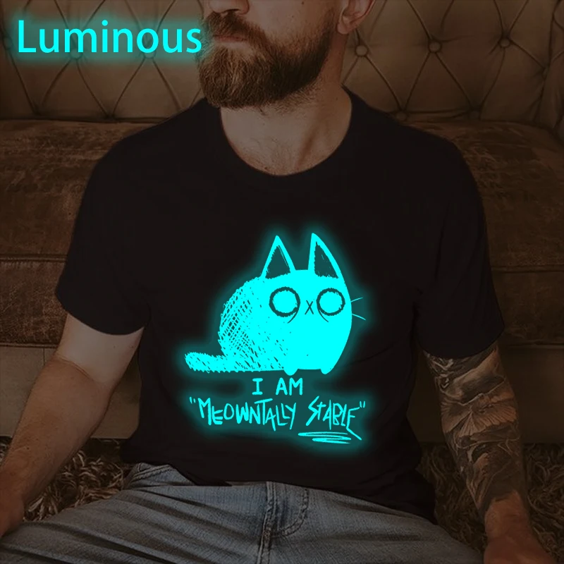 

Men Women Funny Cat Print Short Sleeve Tops Fashion Luminous Style Hip Hop Streetwear Casual Daily Tee Male T-shirts
