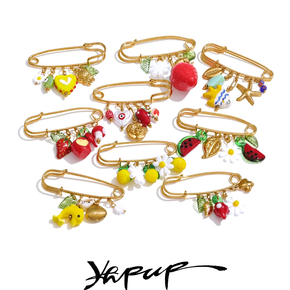 Yhpup 1Pcs Fashion Plastic Strawberry Fruit Heart Flower Shell Drop Charm Clasp Pin 18K Golden Plated Stainless Steel Jewelry