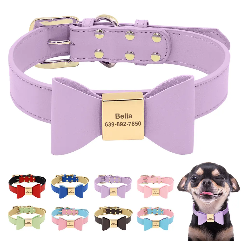 

Personalized Dog Collar Cute Bowknot Engraved Dog Collars PU Leather Puppy Cat Necklace Adjustable for Small Medium Large Dogs