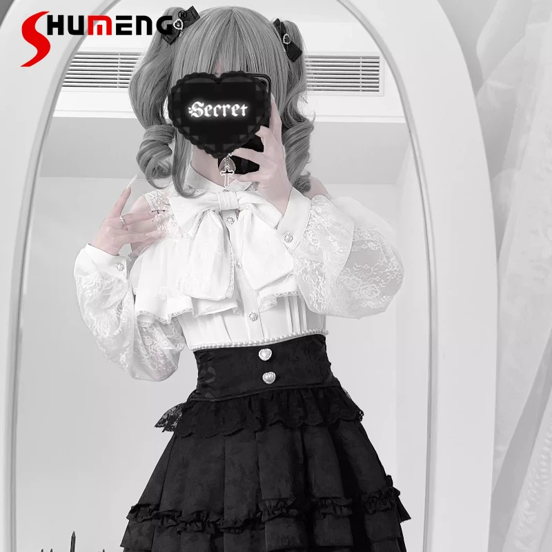 

Mine Mass-produced White Off-the-shoulder Long-sleeved Shirt Autumn New Japanese Sweet Girls Cute Big Bow Lolita Shirt Y2k Skirt