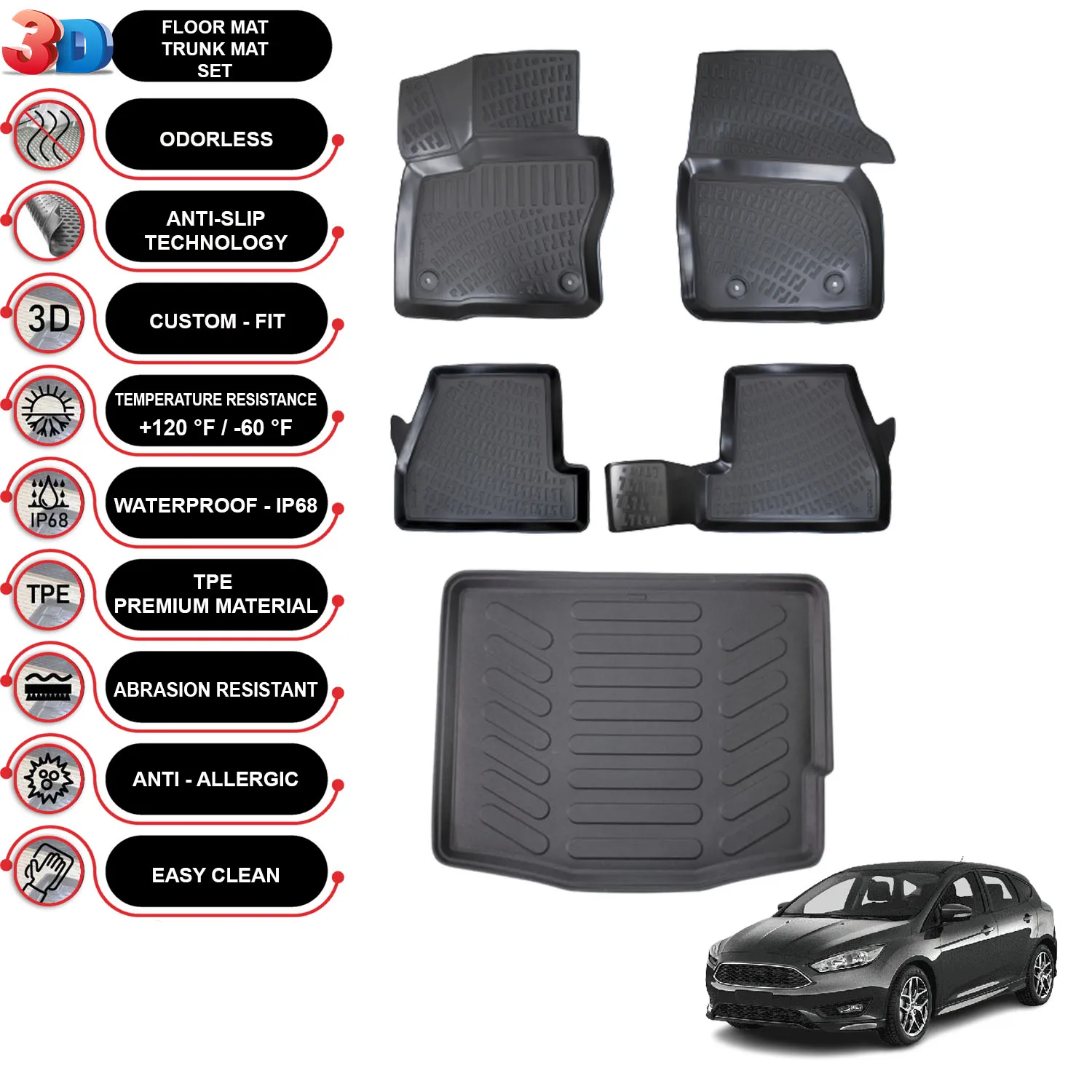 Ford Focus 3 HB - (2014-2018) - Floor Mats + Cargo Trunk Liner - SET - (Black)