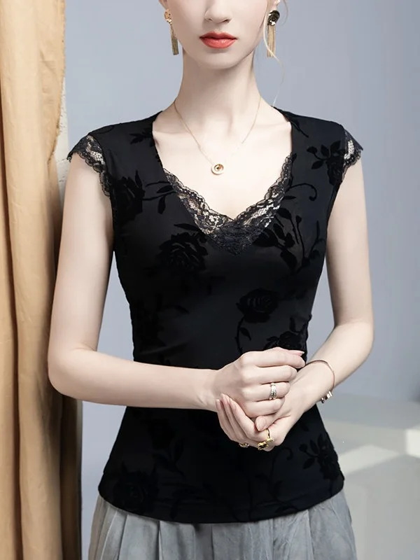MadBlack-Women's European Flocking Vest, Sexy V Neck Lace Patchwork, Streetwear S-3XL Slim Tank Top 2026 Summer New T67838CC