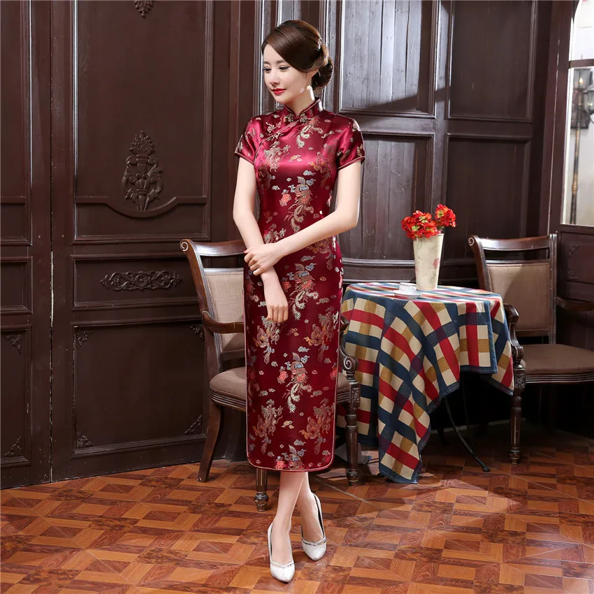 Traditional Chinese Clothing Cheongsam Short Sleeve Front Split Vintage Women Long Dress Qipao Red Bride Wedding Formal Dress