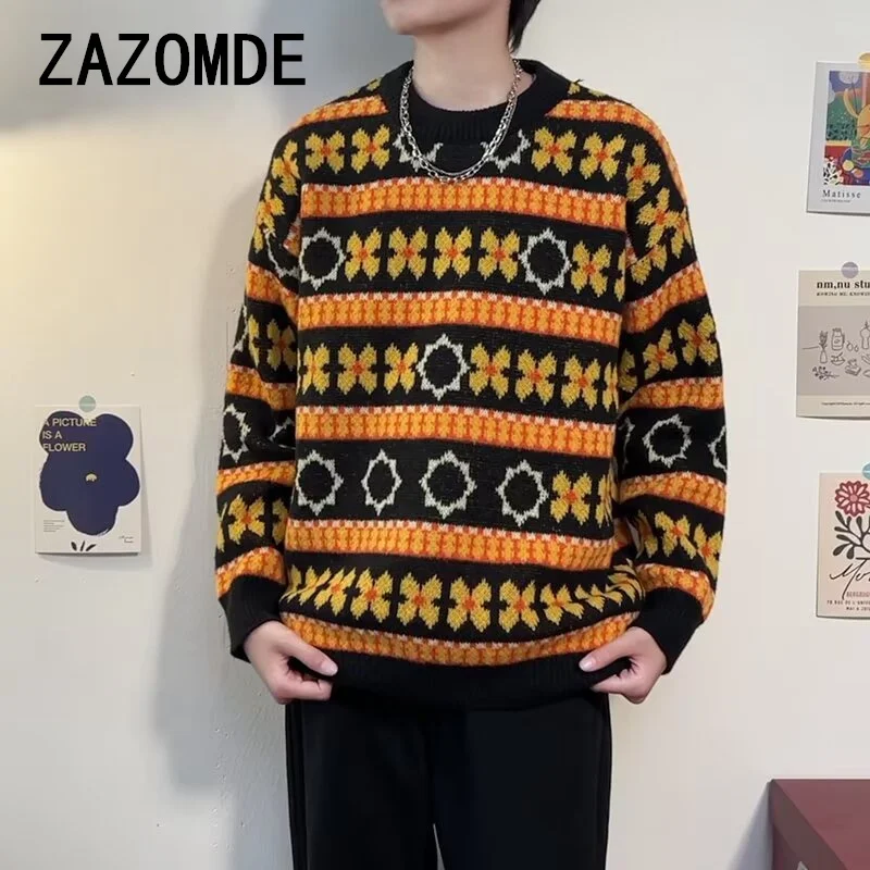 ZAZOMDE Vintage Floral Knitted Sweater man O-Neck Long Sleeve Loose Jumper Harajuku Autumn Winter Pullovers Black Striped 2024