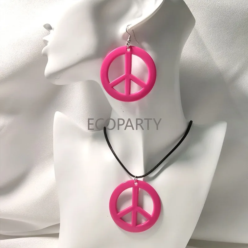 Fashion Hippie Costume Set 60s 70s Peace Sign Pendant Necklace Earring Decoration Gift for Friend Sister 70s Accessories