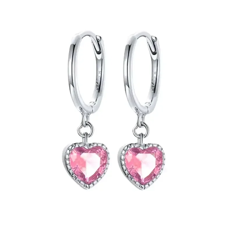 925 Sterling Silver Needle Pink Zircon Geometric Pendant Silver Hoop Earrings Huggies Romantic Cute Girls Gift Fashion Jewelry
