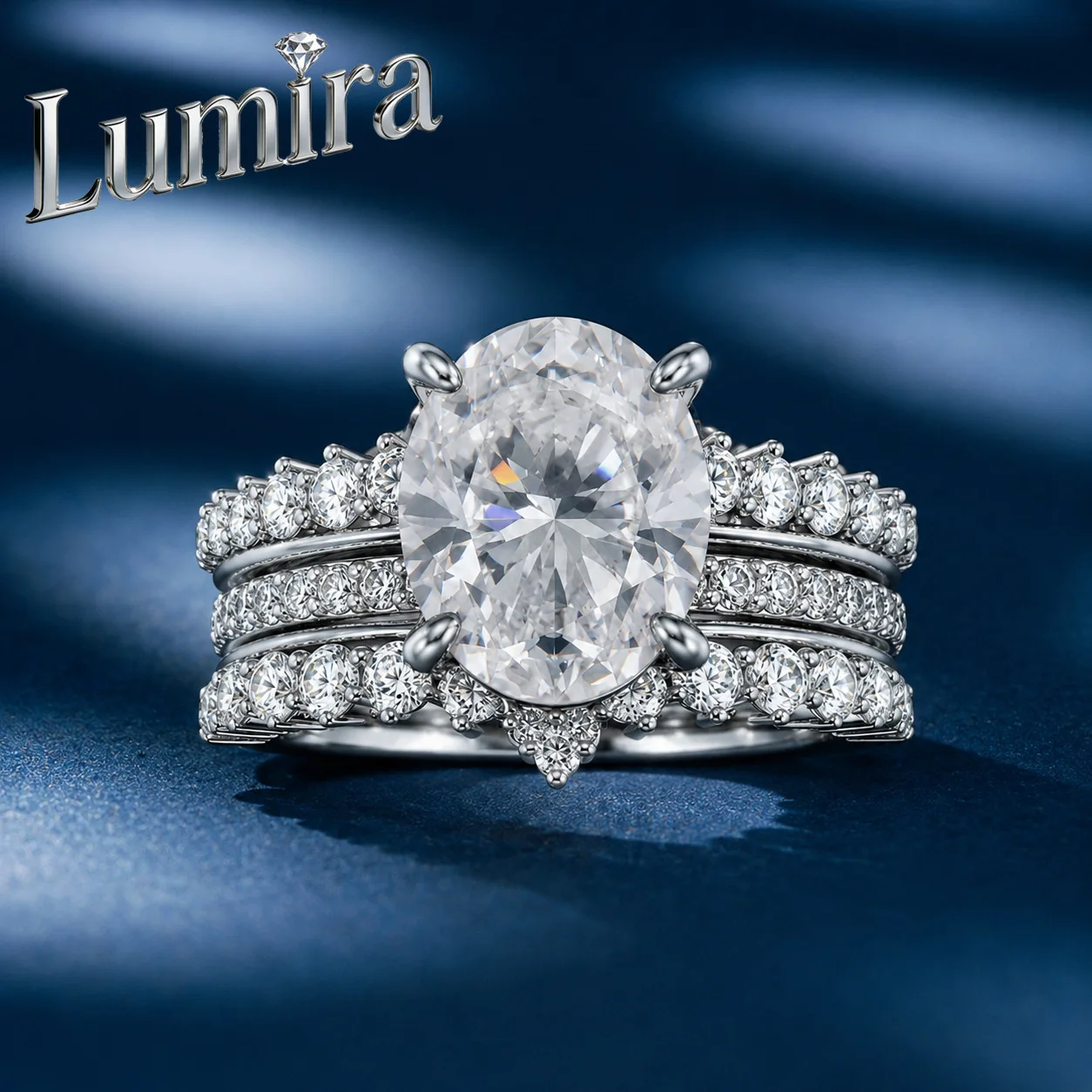 Lumira Platinum PT950 3-Carat Oval-Shaped Moissanite Royal Luxury Ring, 3-Tier Cluster-Set Diamond Crown Engagement Rings