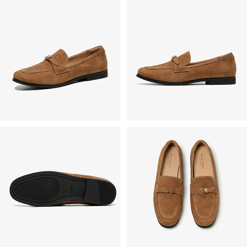 BEAUTODAY ريترو المتسكعون النساء جلد البقر المدبوغ جولة تو مشبك معدني حزام الخياطة الانزلاق على الشقق أحذية السيدات اليدوية 26325