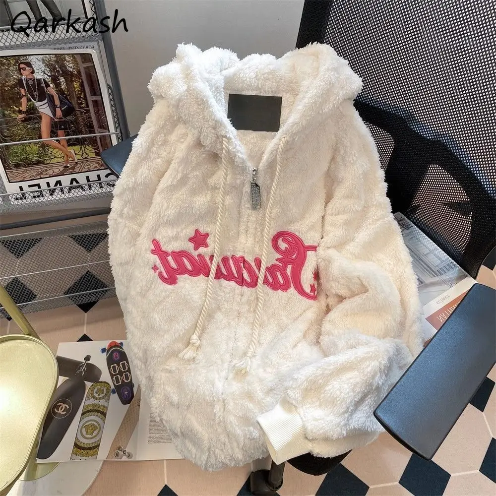 

Hooded Hoodies Women Thicker Letter Printing Zipper Long Sleeve Fluffy Warm Loose Coats Couples Fashion Sweet Lovely Sweatshirts