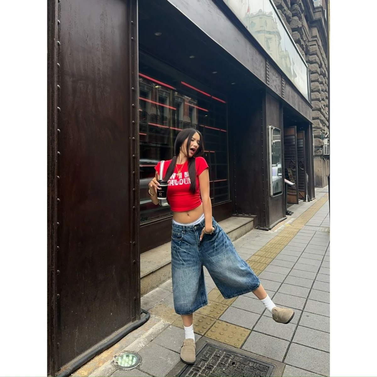 

Retro American Washed Wide Leg Seven-Foot Jeans Men Women Casual Shorts Natural Waist Zipper Cotton Polyester Blend Summer