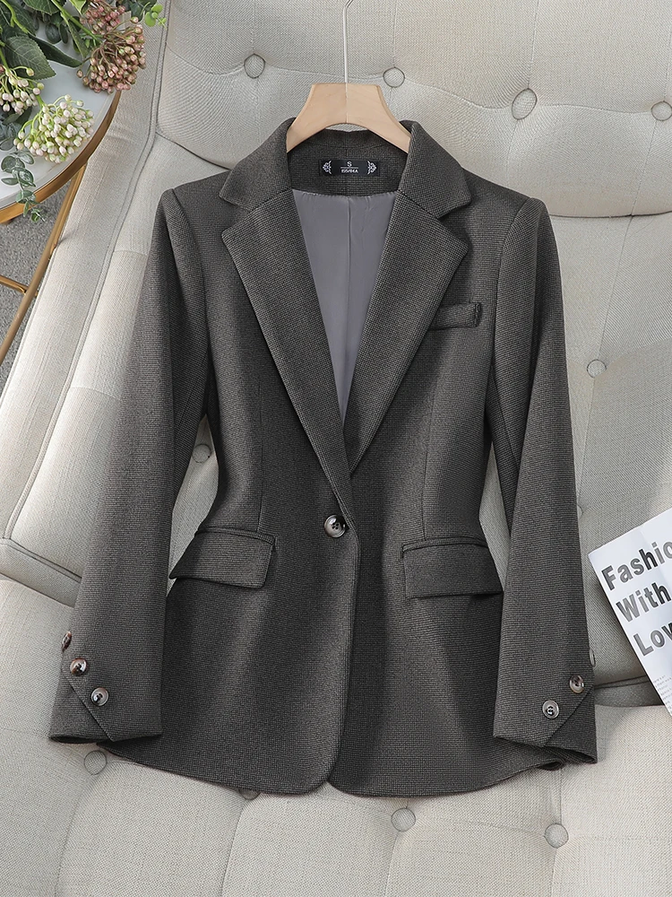 Fashion Women Formal Blazer Ladies Gray Coffee Female Long Sleeve Single Button Business Work Wear Jacket For Autumn Winter