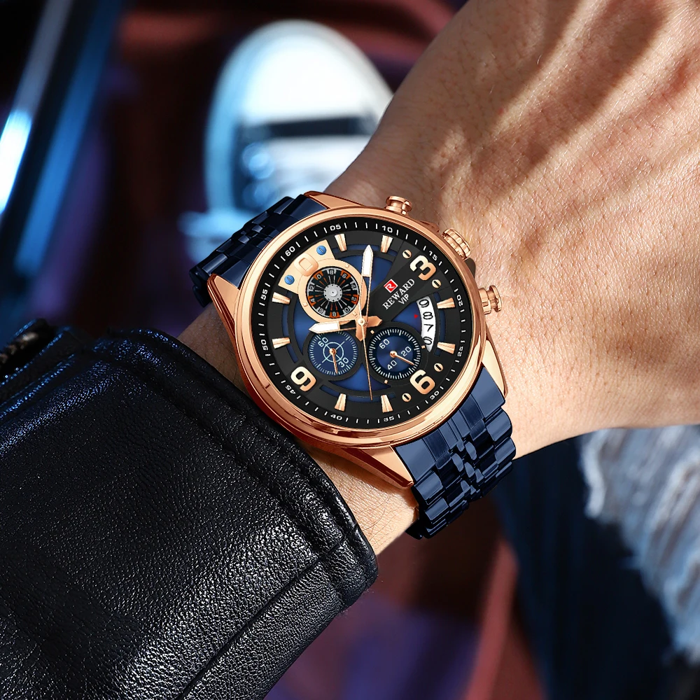 REWARD 81057M Luxury Steel Strip Quartz Men's Watch Waterproof Chronograph Luminous Calendar Watches for Men Relogios Masculino