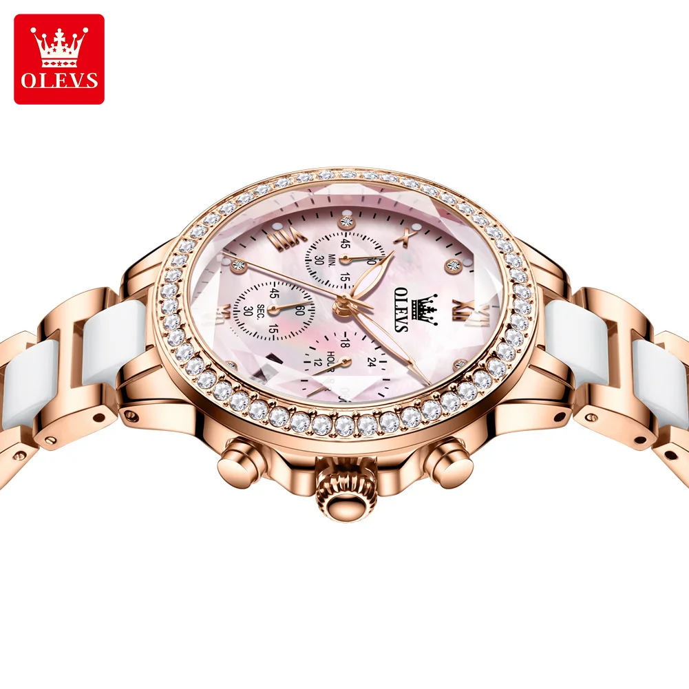 OLEVS 9999 レディース腕時計 高級菱形ミラー クォーツ 女性用腕時計 セラミックスチールストラップ クロノグラフ 日付表示 防水腕時計