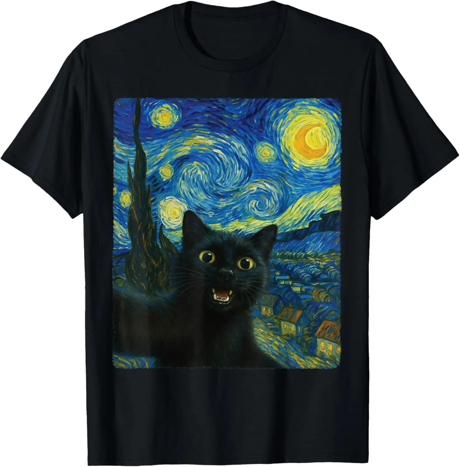 Black Cat Starry Night Van Gogh Selfie Graphic T-Shirt Soft Cotton Casual Tee for Cat Lovers