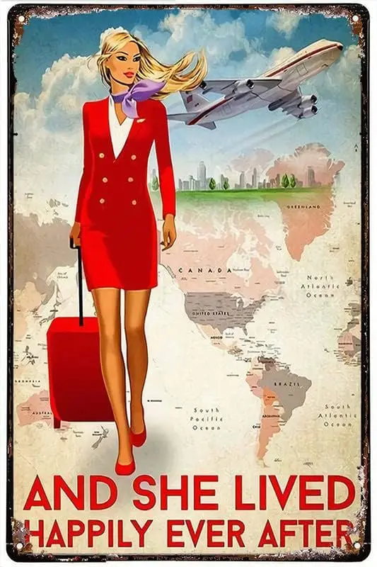 Funny Novelty Tin Sign Flight Attendant Lived Happily Ever After Air Plane Lovers Proud Flight Attendant Tin Sign Funny Bat sign