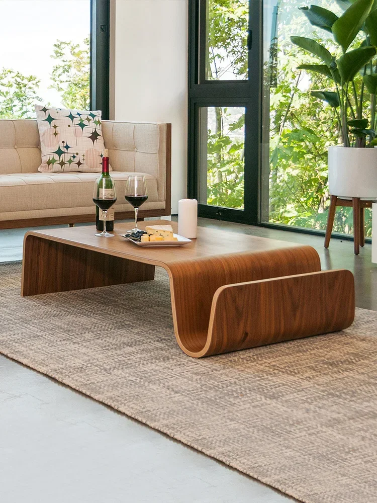 Living room simple Japanese N-shaped curved wood tatami solid wood coffee table, storage large N-shaped sofa  side table