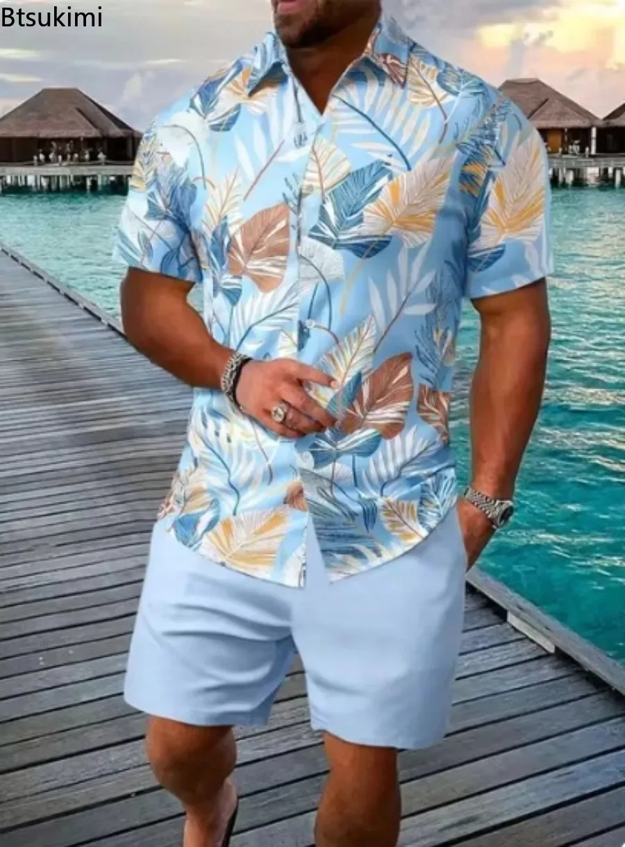 Hawaiian Shirt Sets Summer New Men's Fashion Print Loose Casual Lapel Button-up Shirt Shorts Two Pieces Male Beach Holiday Suit