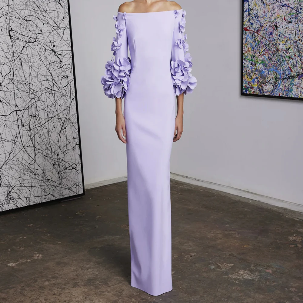 

Customized Straight Evening Dresses Floor-length Off The Shoulder Full Sleeve Prom Gown Fashion Flowers Backless Party Gown