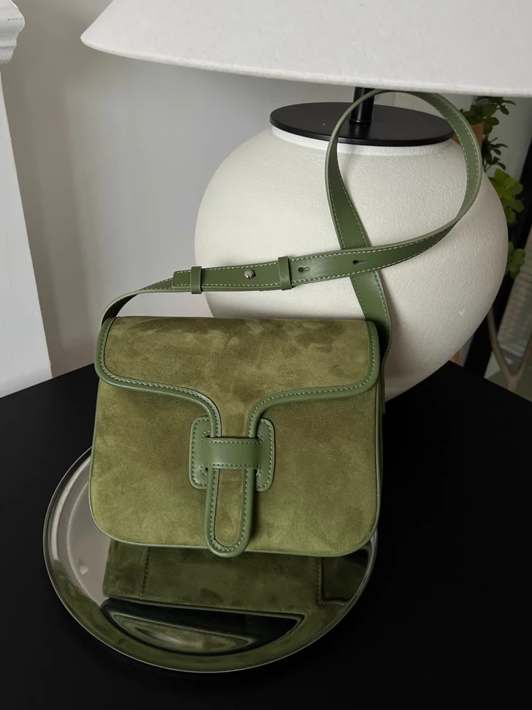 Green Fashion Retro Simple Suede Genuine Leather Women Bag\\Handbag Nice Casual Real Leather Lady Underarm Shoulder Crossbody Bag