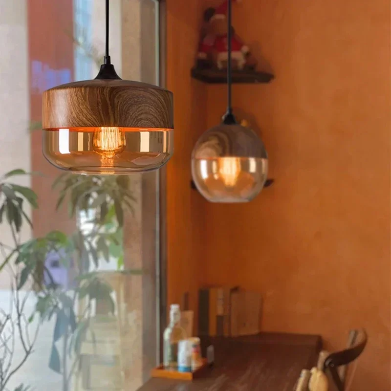 

Nordic LED Glass Pendant Lights Fixtures Modern Creative Wood Art Bedroom Dinning Living Room Light Wood Color Hanging Lamps