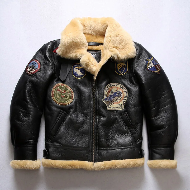 Winter B3 Bomber Aviators Shearing Wool Thickened Embroidered Authentic Mens Genuine Leather Jackets Sheepskin Coat