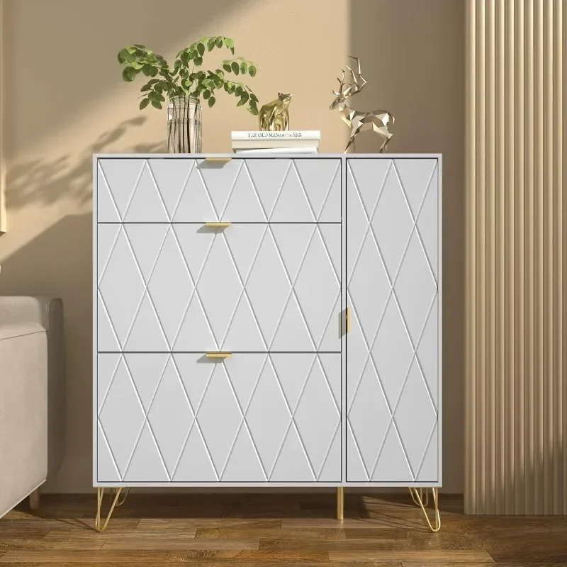

l Free Standing Shoe Storage Cabinet With Flip Drawers And Shelves, Narrow Organizer For Entryway, Modern White L