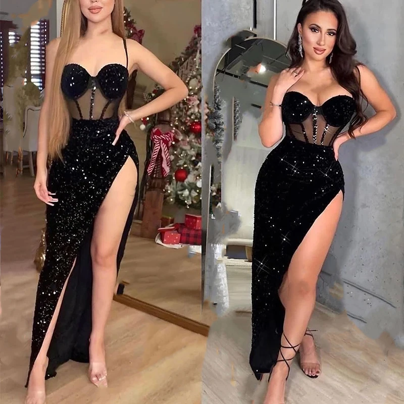 

Sparkly sequin mermaid sweetheart collar sexy backless slit luxury evening dress party PROM customized for special occasions