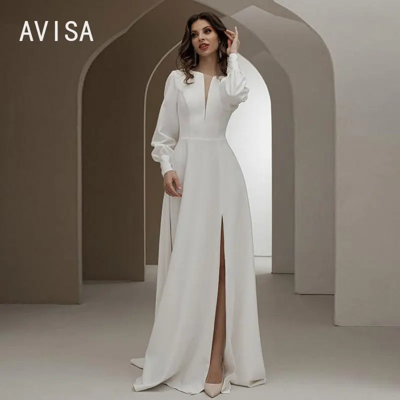 Vestidos de novia sencillos con abertura alta para mujer, vestidos de novia de manga larga, espalda abierta, 2024