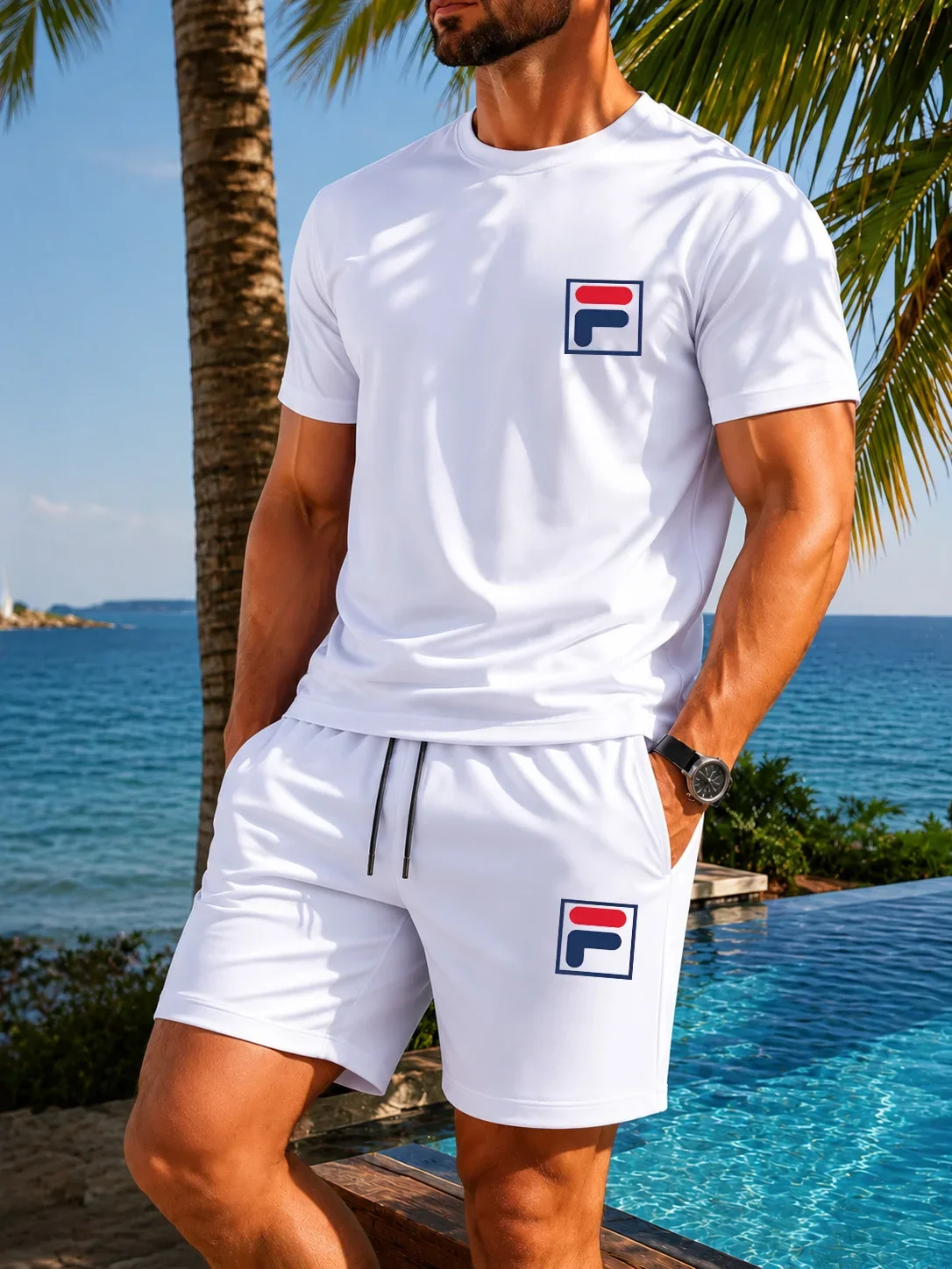 Ensemble deux pièces imprimé pour homme, t-shirt décontracté à manches courtes et short à cordon de serrage, vêtements de sport respirants pour homme, été