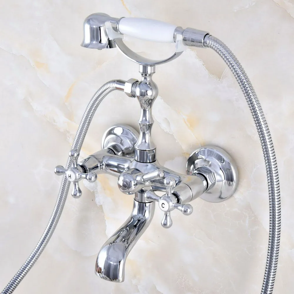 Silver Chrome Brass Wall Mounted Bathroom Tub Faucet Set with 1500MM Handheld Shower Spray Head Bath Mixer Tap 2tf863