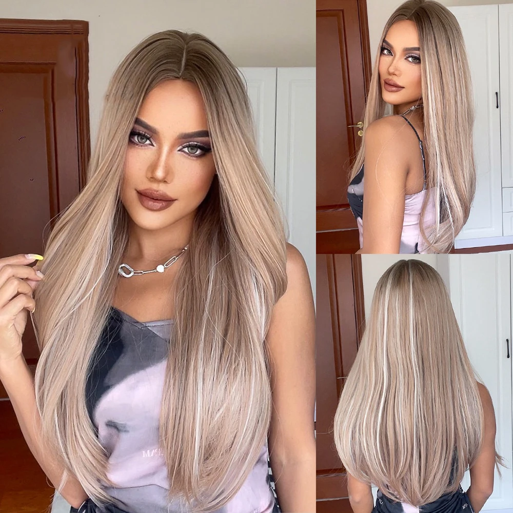 Blonde Highlights Straight Wig Synthetic Lace Front Wig Heat Resistant 13x4 Roots Ombre Human Hair Wig 10% Mixed Daily Cosplay