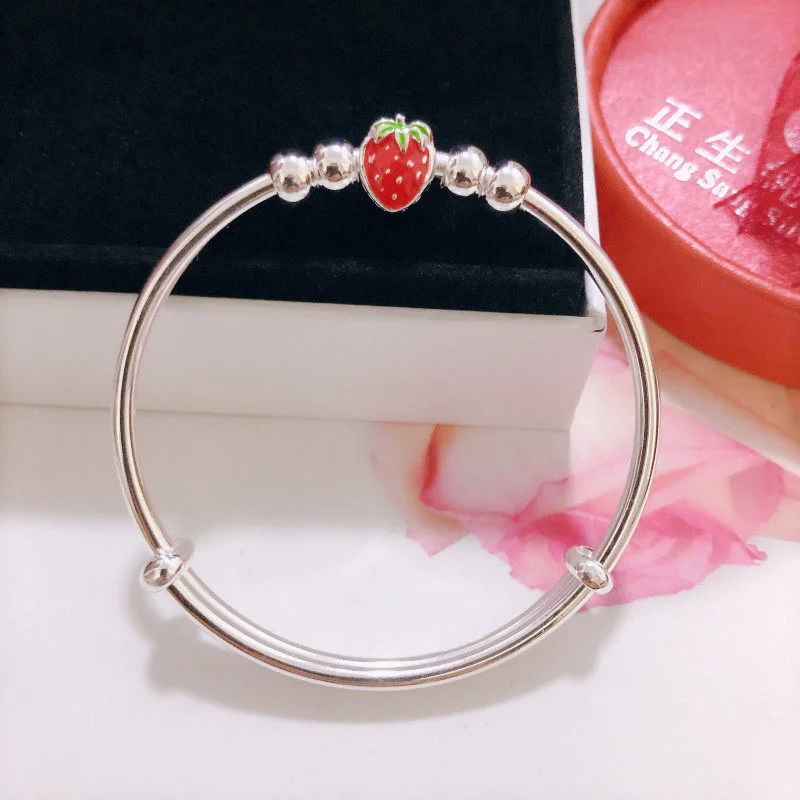 

Браслет из стерлингового серебра 999 пробы с клубничкой, новый милый раздвижной браслет-бэнгл, регулируемое украшение для студентов и семей, с возможностью гравировки