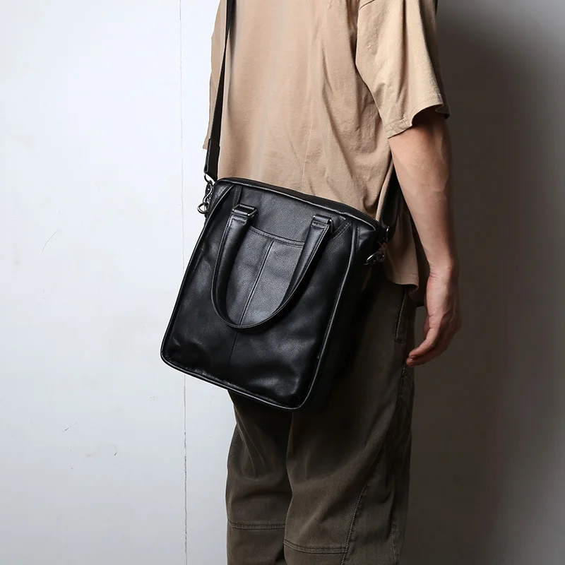 Men\'s Genuine Leather Business Handbag Top Layer Cowhide Single Shoulder Crossbody Bag Vertical Office Computer Bag Briefcase