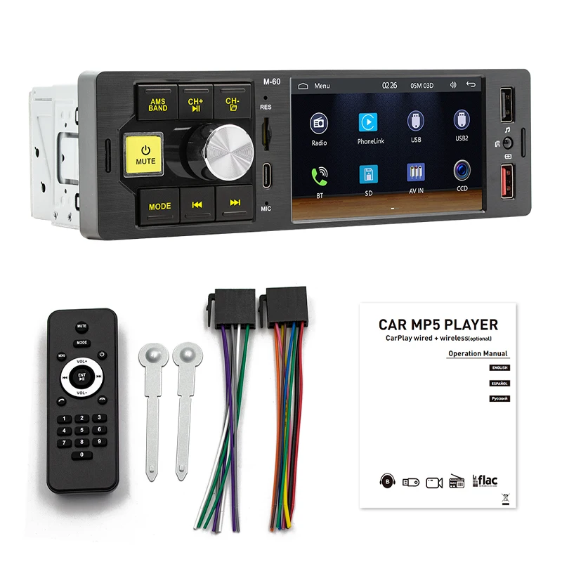 1 Din Car Radio CarPlay Android-Auto Bluetooth Hand Free Mirroring link 4 inches MP5 Player A2DP USB Audio System Head Unit M60