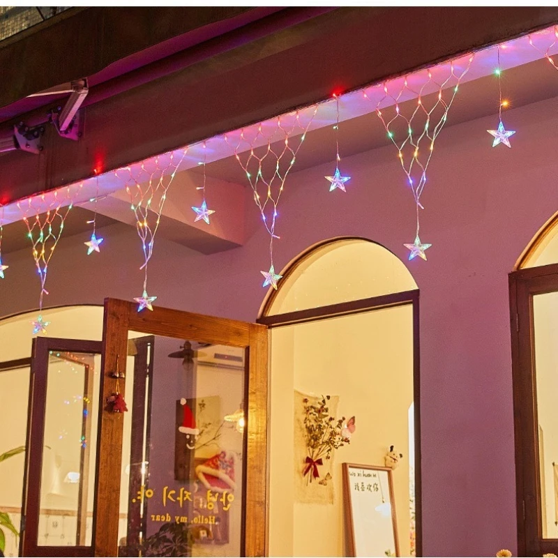 Solar Net Lights Outdoor Curtain Fairy Lights Hanging Stars LED String EU Plug Lamp for Wedding Party Holiday Christmas Decor