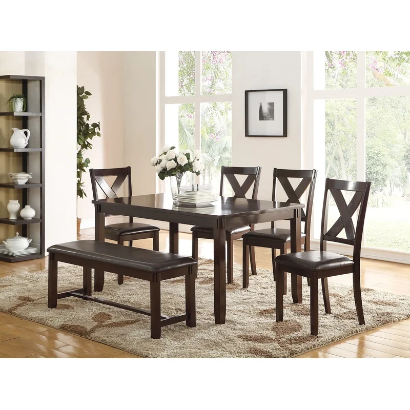 

Casual Modern 6PC Dining Set: Table with 4 Chairs and Bench, Rubberwood & Birch Veneer, Espresso Finish