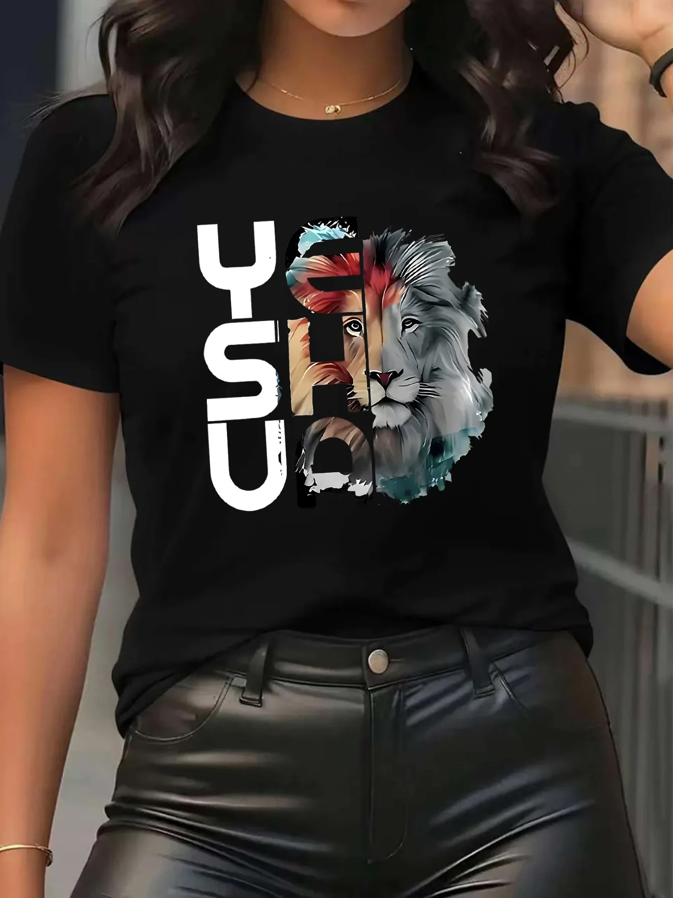 Ladies Casual Short Sleeve T-Shirt with Lion Design - "YESHUA" Print, White with Colorful Lion Illustration, Comfortable Crew