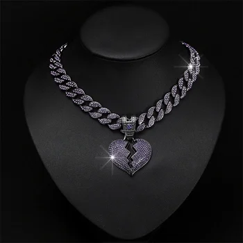 Men Women Hip Hop Purple Zircon Broken Heart Pendant Necklace With 13mm Cuban Chain Iced Out Bling Heart Diamond Fashion Jewelry