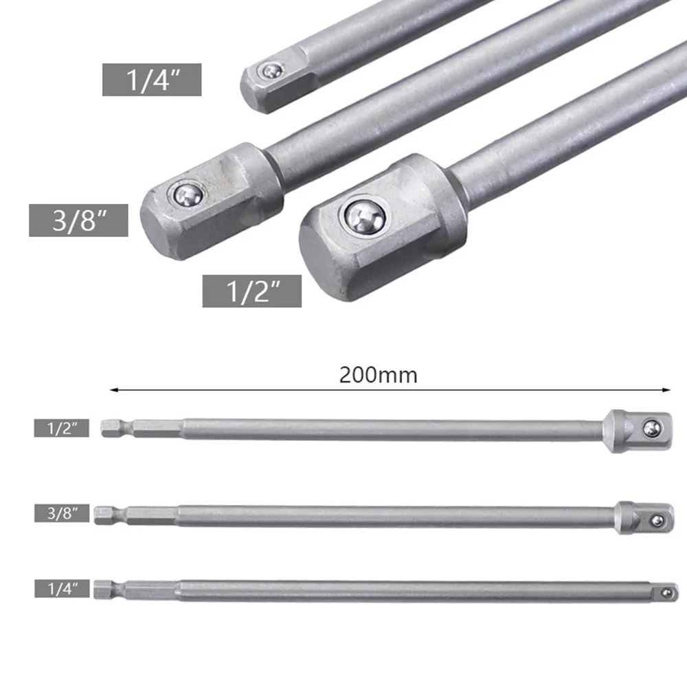 

3pc 200mm Adapter Electric Screw 1/2 Driver Square Head 3/8 Hexagonal 1/4 Extended Adapter Tool Accessory Set