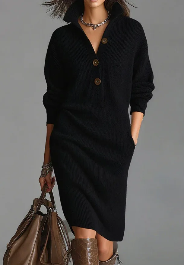 

2025 Women's Mid-Length Knitted Sweater Dress Button-Up Lantern Sleeve V-Neck Pure Color Cross-Border Fashion Winter Autumn Warm