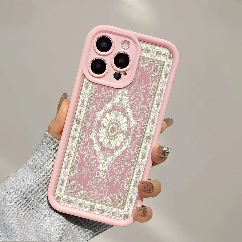 Phone Case For iPhone 11 12 13 14 15 16 17 Pro Max XS XR X 7 8 Plus 17E 16E SE 2020 Vintage European Carpet Design in Pink Cover view 3