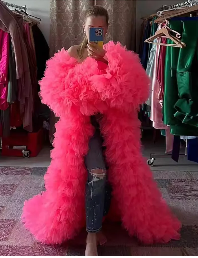 Mantello con volant Cappotto lungo da donna Giacca in tulle a maniche lunghe con strascico Abito con volant Kimino extra gonfio personalizzato
