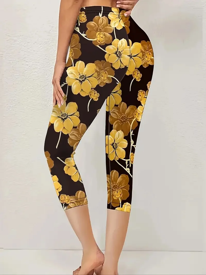 Floral print stretch slim elastic waist tight casual leggings capri pants for women