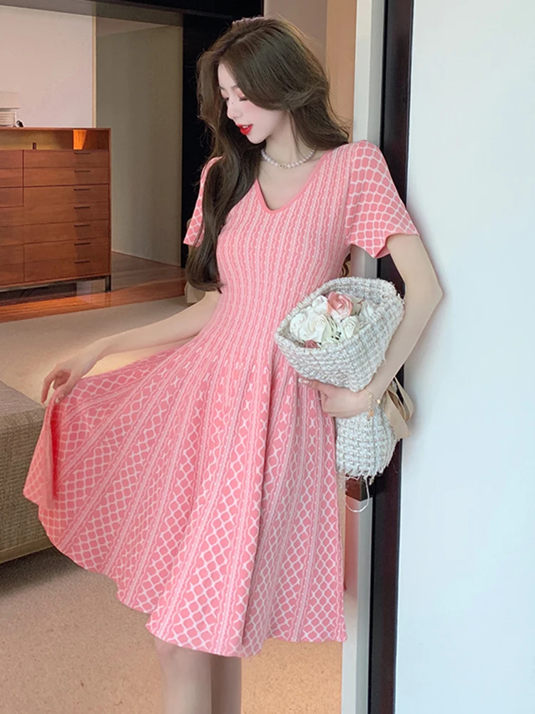 2024 Summer Small Fragrance Short Sleeve Dress Knitted Sweater Dress Women Vintage Party Mini Dress Elegant Casual Femme